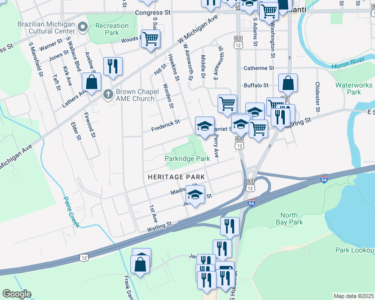 map of restaurants, bars, coffee shops, grocery stores, and more near 791 Harriet Street in Ypsilanti