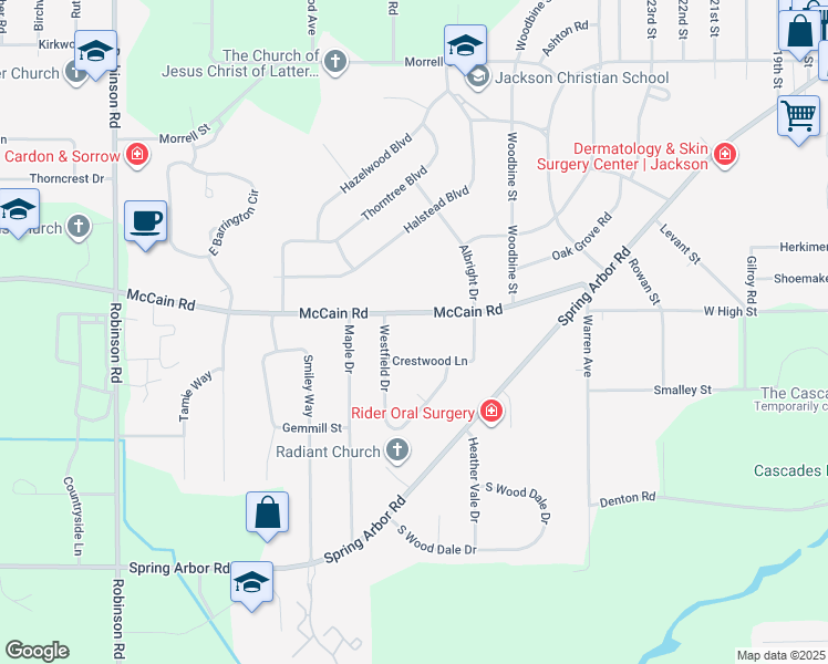 map of restaurants, bars, coffee shops, grocery stores, and more near 2943 McCain Road in Jackson
