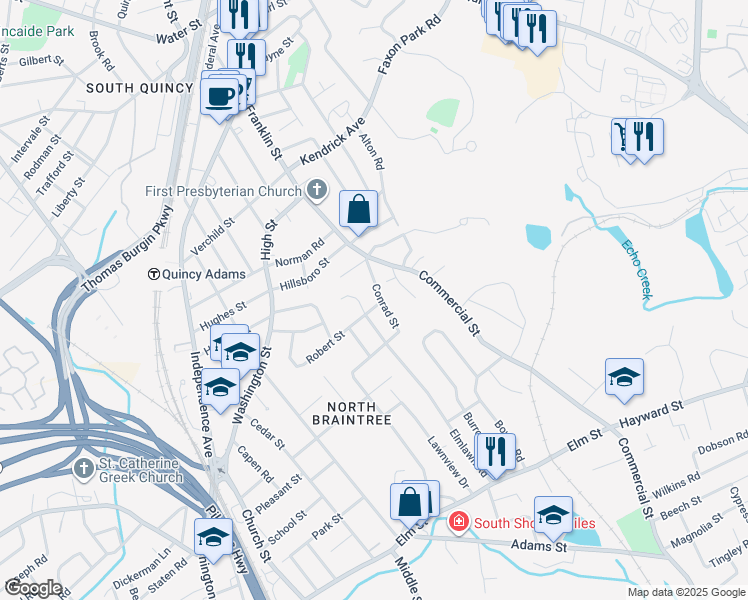 map of restaurants, bars, coffee shops, grocery stores, and more near 15 Conrad Street in Braintree