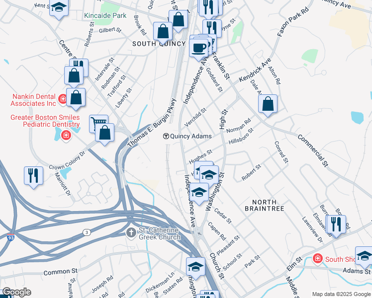 map of restaurants, bars, coffee shops, grocery stores, and more near 200 Independence Avenue in Quincy