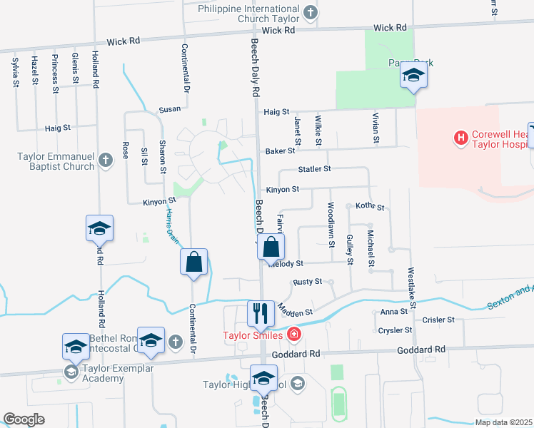 map of restaurants, bars, coffee shops, grocery stores, and more near 10090 Fairview Street in Taylor