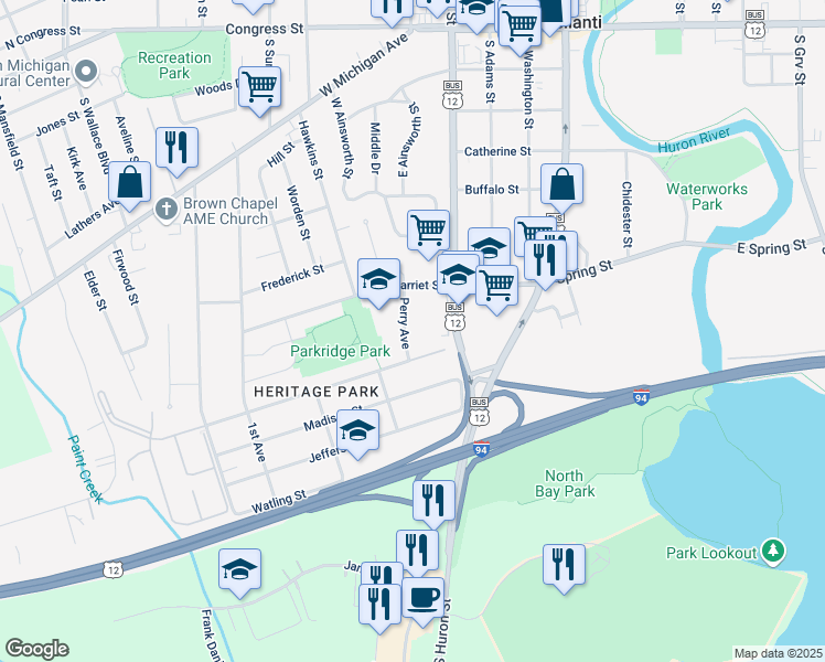 map of restaurants, bars, coffee shops, grocery stores, and more near 15 Perry Avenue in Ypsilanti
