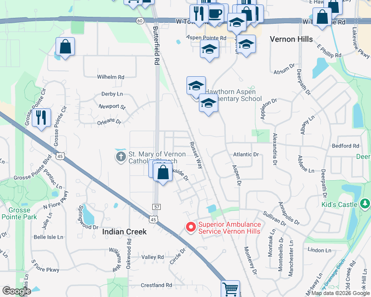 map of restaurants, bars, coffee shops, grocery stores, and more near 348 Farmington Lane in Vernon Hills