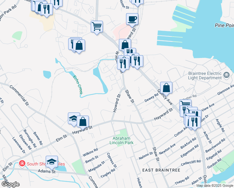 map of restaurants, bars, coffee shops, grocery stores, and more near 76 Howard Street in Braintree