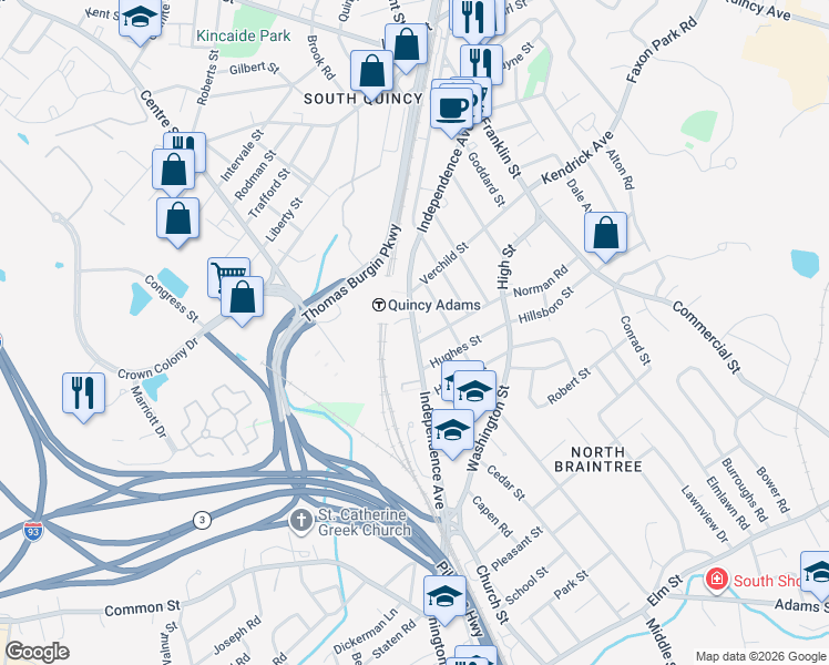 map of restaurants, bars, coffee shops, grocery stores, and more near 199 Independence Avenue in Quincy
