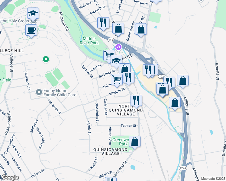 map of restaurants, bars, coffee shops, grocery stores, and more near 14 Whipple Street in Worcester