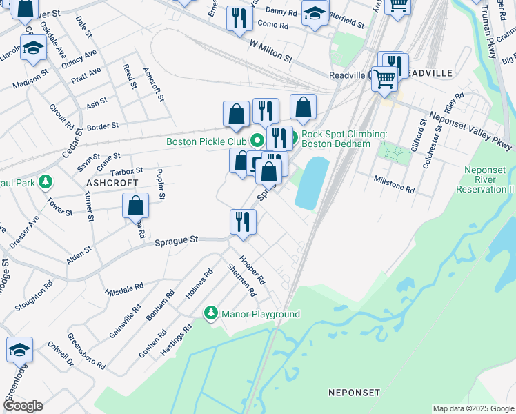 map of restaurants, bars, coffee shops, grocery stores, and more near 483 Sprague Street in Dedham
