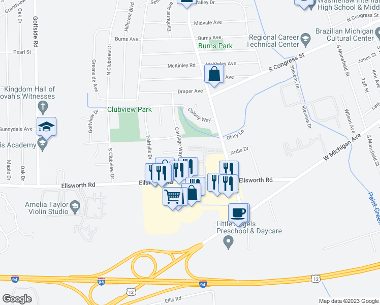 map of restaurants, bars, coffee shops, grocery stores, and more near 230 South Hewitt Road in Ypsilanti
