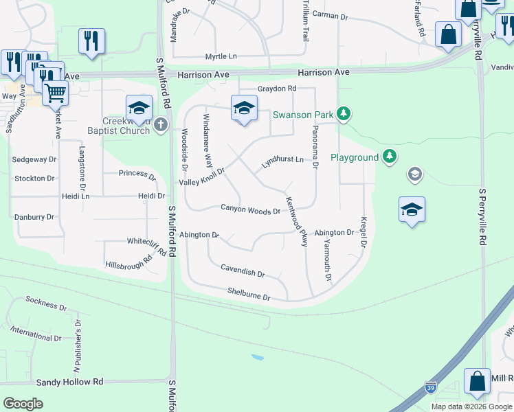 map of restaurants, bars, coffee shops, grocery stores, and more near 6270 Canyon Woods Drive in Rockford
