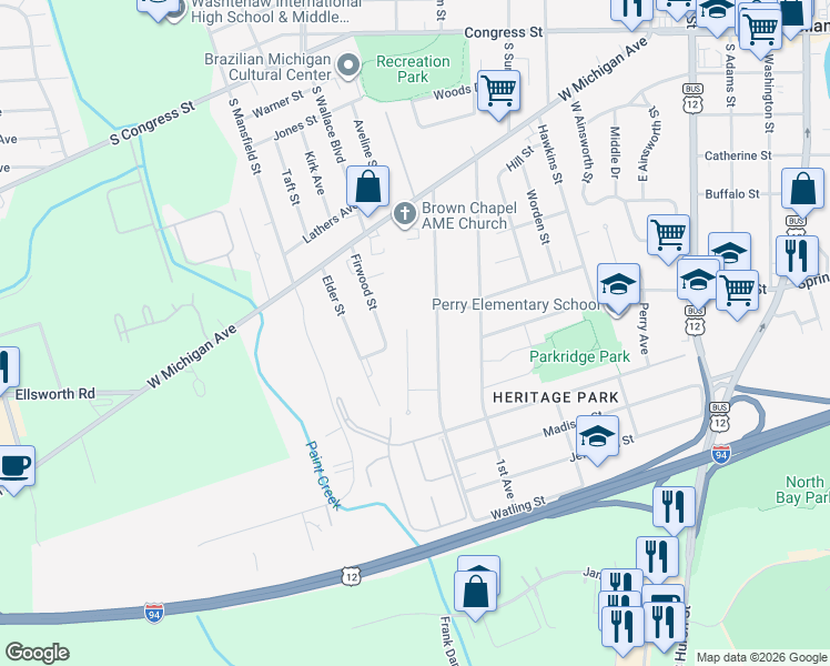 map of restaurants, bars, coffee shops, grocery stores, and more near 484 Second Avenue in Ypsilanti