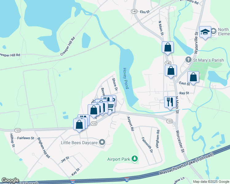 map of restaurants, bars, coffee shops, grocery stores, and more near 3 Shore Drive in Grafton