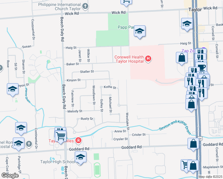 map of restaurants, bars, coffee shops, grocery stores, and more near 25153 Koths Street in Taylor