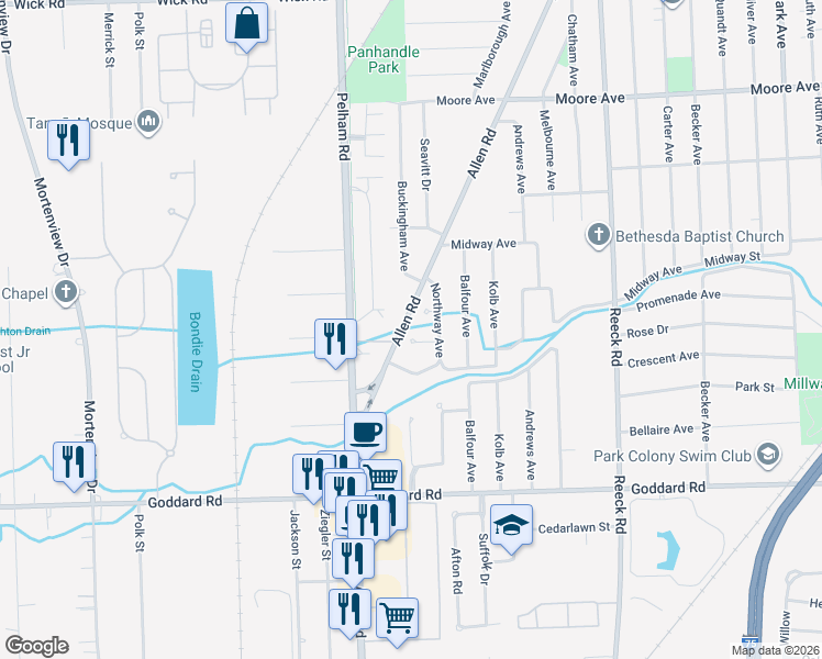 map of restaurants, bars, coffee shops, grocery stores, and more near 18936 Blair Court in Allen Park