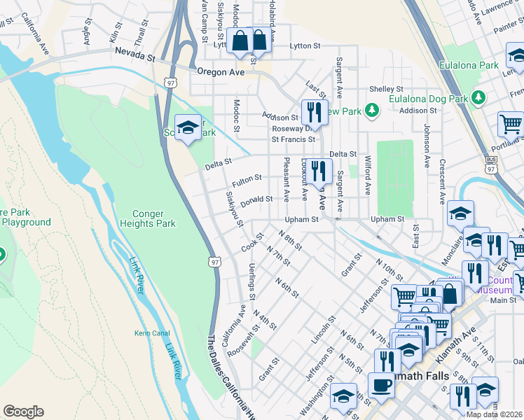 map of restaurants, bars, coffee shops, grocery stores, and more near 1322 Lakeview Avenue in Klamath Falls