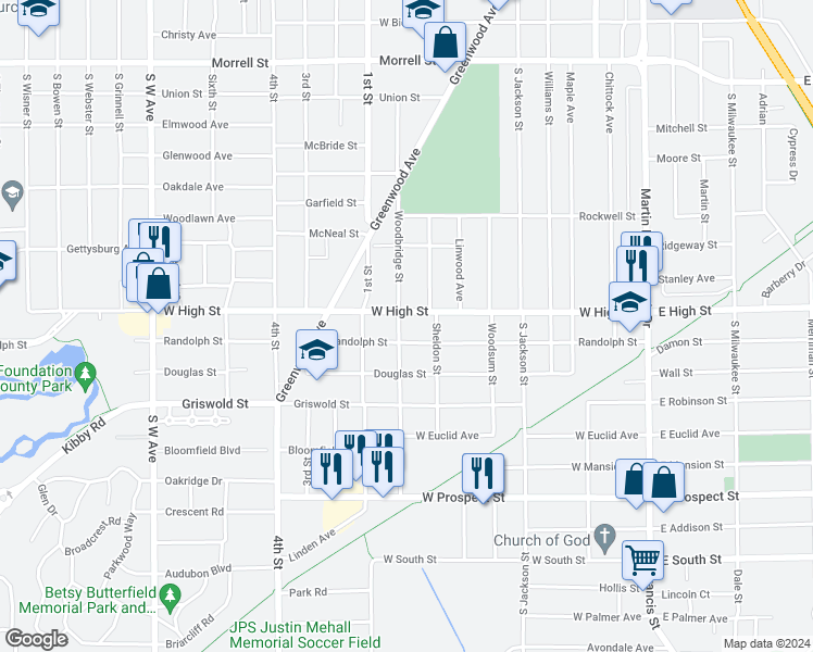map of restaurants, bars, coffee shops, grocery stores, and more near 1307 Woodbridge Street in Jackson