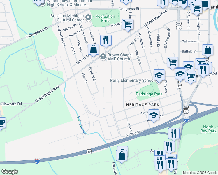 map of restaurants, bars, coffee shops, grocery stores, and more near 484 Second Avenue in Ypsilanti