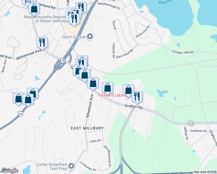map of restaurants, bars, coffee shops, grocery stores, and more near 14 Maplewood Road in Millbury