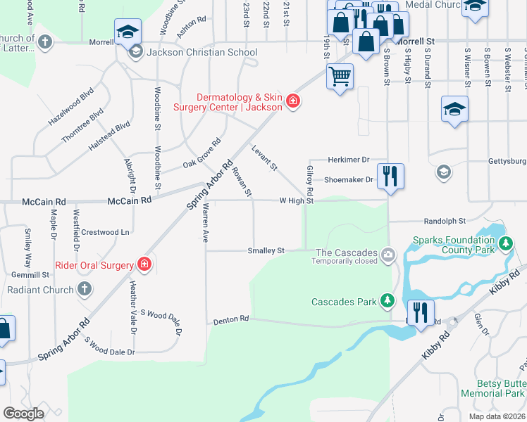 map of restaurants, bars, coffee shops, grocery stores, and more near 2395 West High Street in Jackson