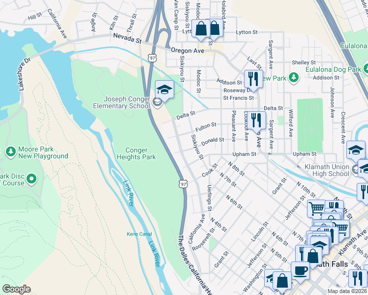 map of restaurants, bars, coffee shops, grocery stores, and more near 1407 California Avenue in Klamath Falls