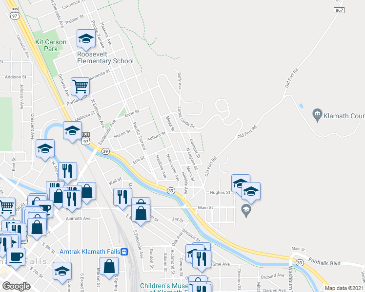 map of restaurants, bars, coffee shops, grocery stores, and more near 418 North Laguna Street in Klamath Falls