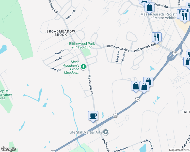 map of restaurants, bars, coffee shops, grocery stores, and more near 431 Massasoit Road in Worcester