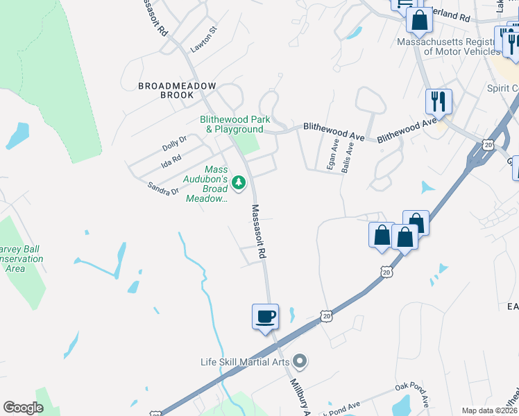map of restaurants, bars, coffee shops, grocery stores, and more near 431 Massasoit Road in Worcester