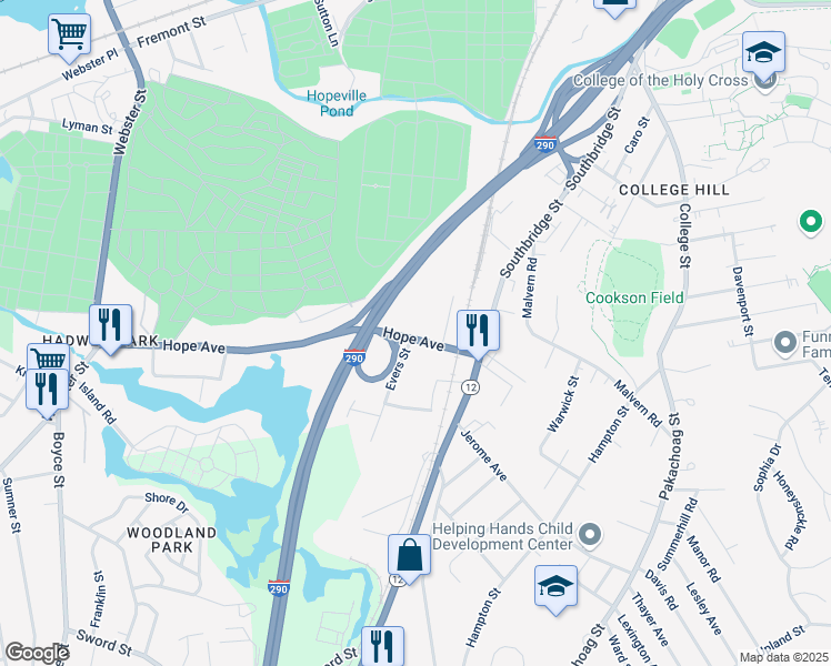 map of restaurants, bars, coffee shops, grocery stores, and more near 32 Hope Avenue in Worcester