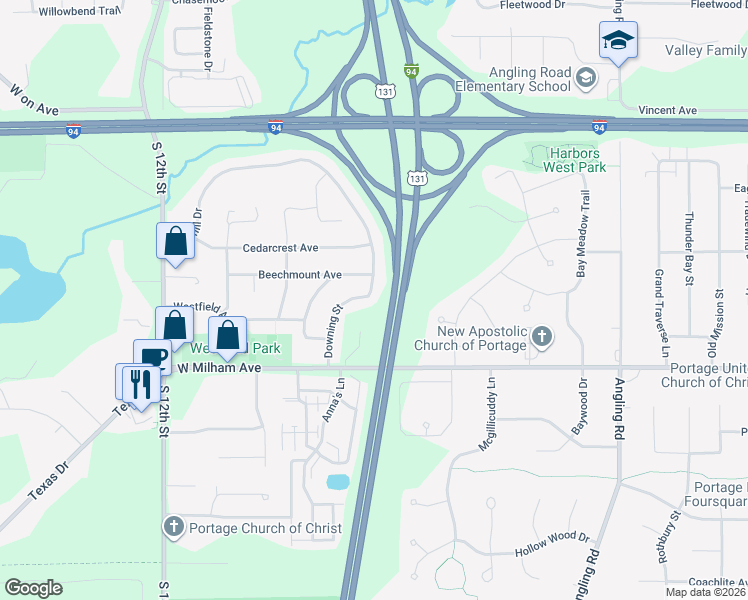 map of restaurants, bars, coffee shops, grocery stores, and more near 5823 Downing Street in Portage
