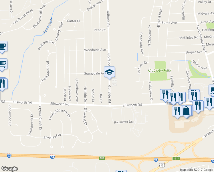 map of restaurants, bars, coffee shops, grocery stores, and more near 3880 Golfside Road in Ypsilanti