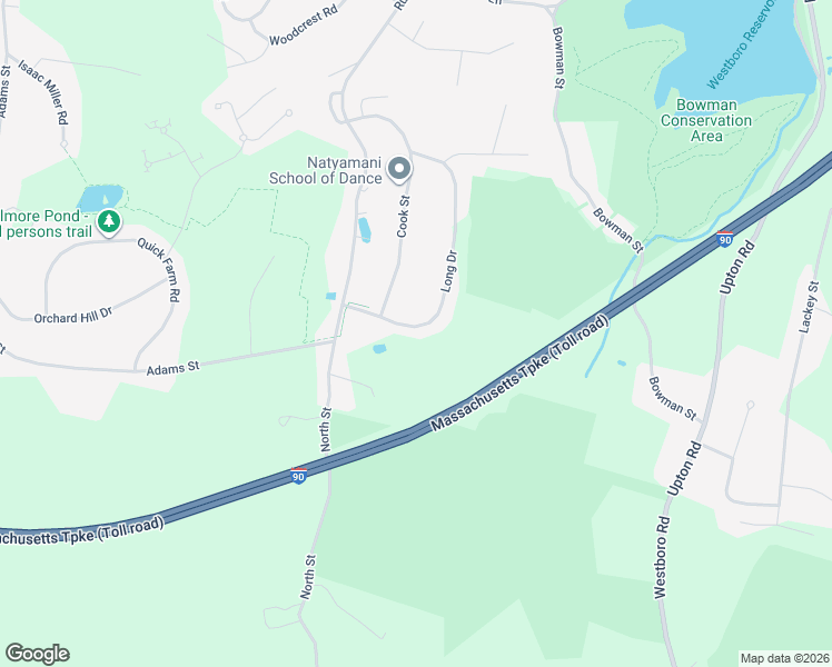 map of restaurants, bars, coffee shops, grocery stores, and more near 9 Long Drive in Westborough