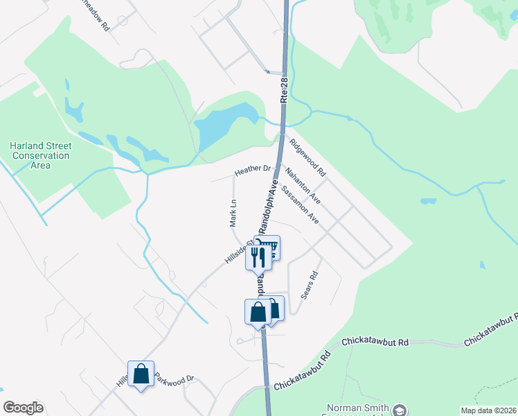 map of restaurants, bars, coffee shops, grocery stores, and more near 1051 Randolph Avenue in Milton