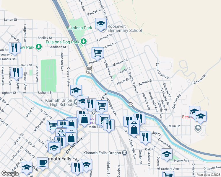 map of restaurants, bars, coffee shops, grocery stores, and more near 1800 Esplanade Avenue in Klamath Falls