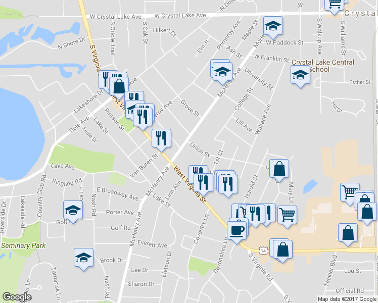 map of restaurants, bars, coffee shops, grocery stores, and more near 295 Union Street in Crystal Lake