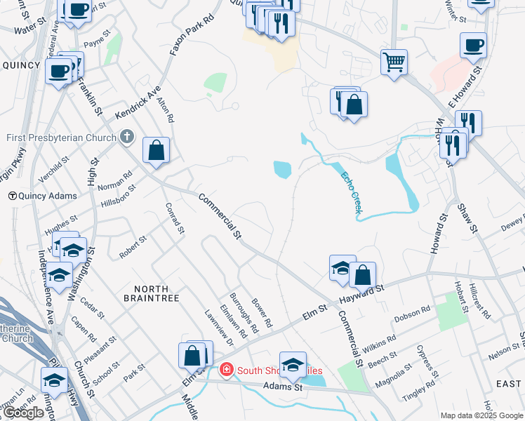 map of restaurants, bars, coffee shops, grocery stores, and more near 58 John Paul Circle in Braintree
