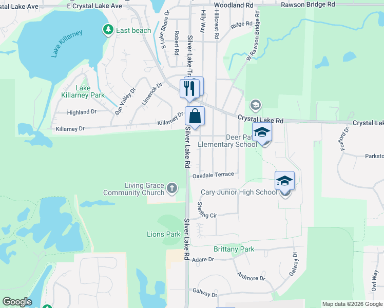 map of restaurants, bars, coffee shops, grocery stores, and more near 6712 Silver Lake Road in Cary