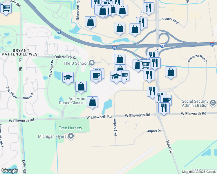 map of restaurants, bars, coffee shops, grocery stores, and more near 3758 Plaza Drive in Ann Arbor