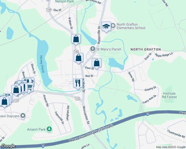 map of restaurants, bars, coffee shops, grocery stores, and more near 13 Ray Street in Grafton