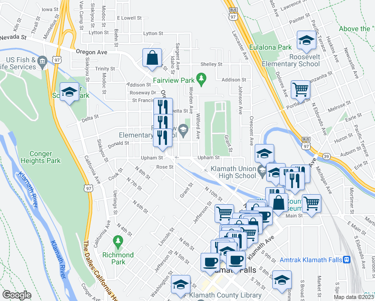 map of restaurants, bars, coffee shops, grocery stores, and more near 1316 Worden Avenue in Klamath Falls