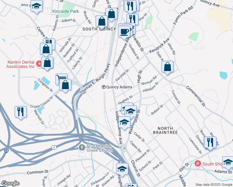 map of restaurants, bars, coffee shops, grocery stores, and more near 194 Independence Avenue in Quincy