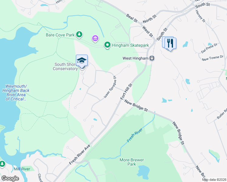map of restaurants, bars, coffee shops, grocery stores, and more near 21 Isaac Sprague Drive in Hingham
