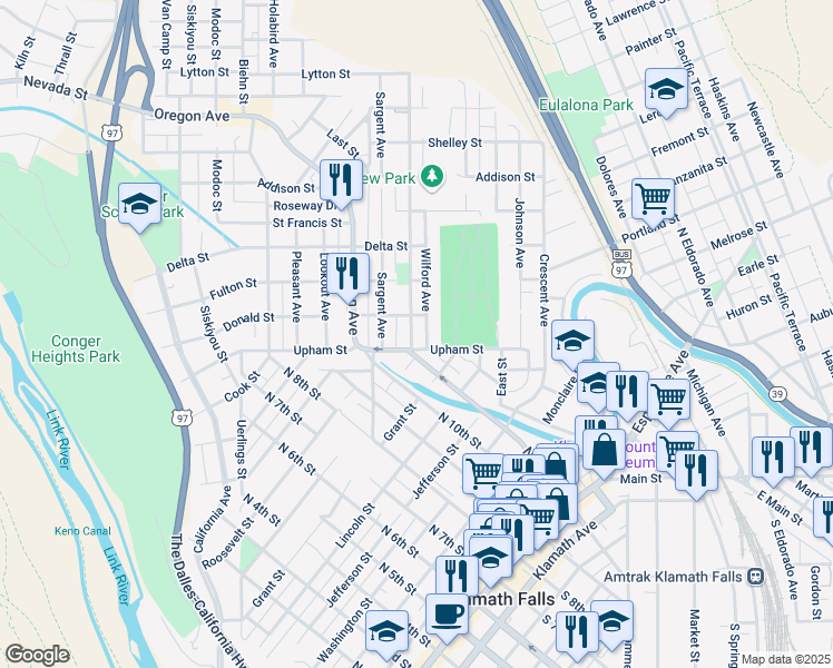 map of restaurants, bars, coffee shops, grocery stores, and more near 1323 Worden Avenue in Klamath Falls
