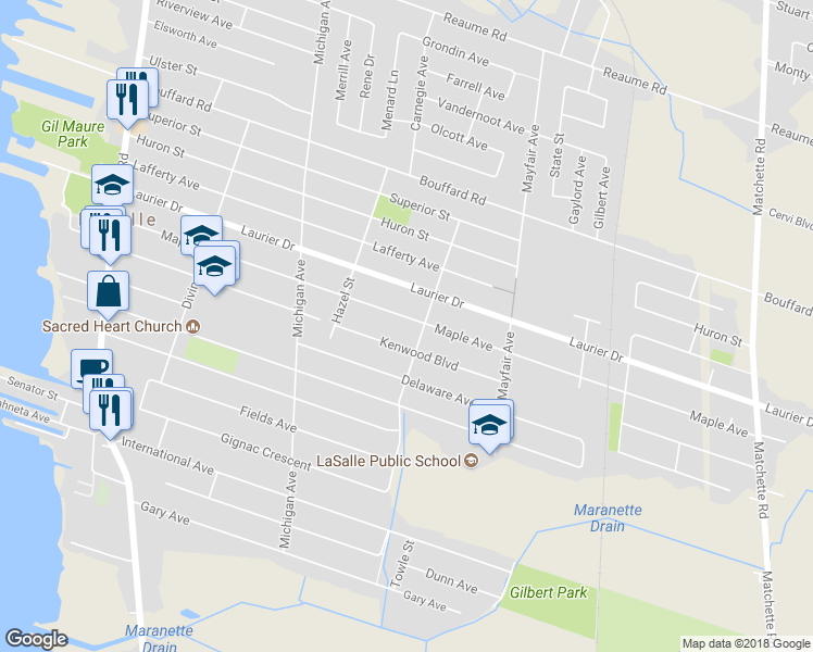 map of restaurants, bars, coffee shops, grocery stores, and more near 480 Maple Avenue in Windsor