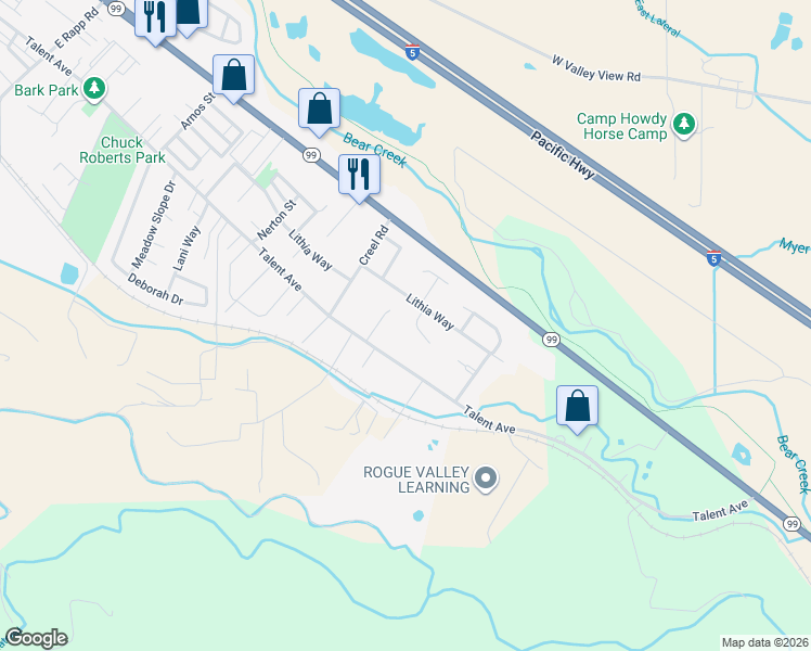 map of restaurants, bars, coffee shops, grocery stores, and more near 128 Faith Circle in Talent