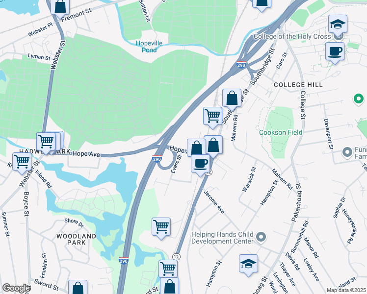 map of restaurants, bars, coffee shops, grocery stores, and more near 32 Hope Avenue in Worcester
