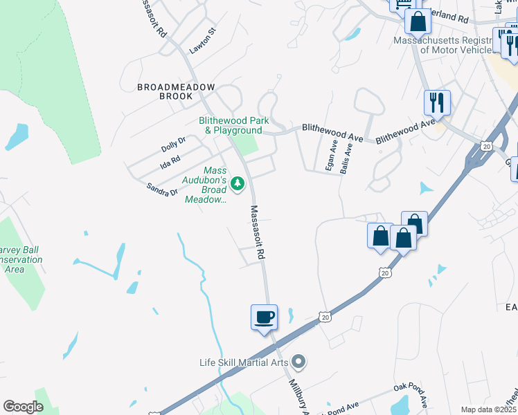 map of restaurants, bars, coffee shops, grocery stores, and more near 431 Massasoit Road in Worcester