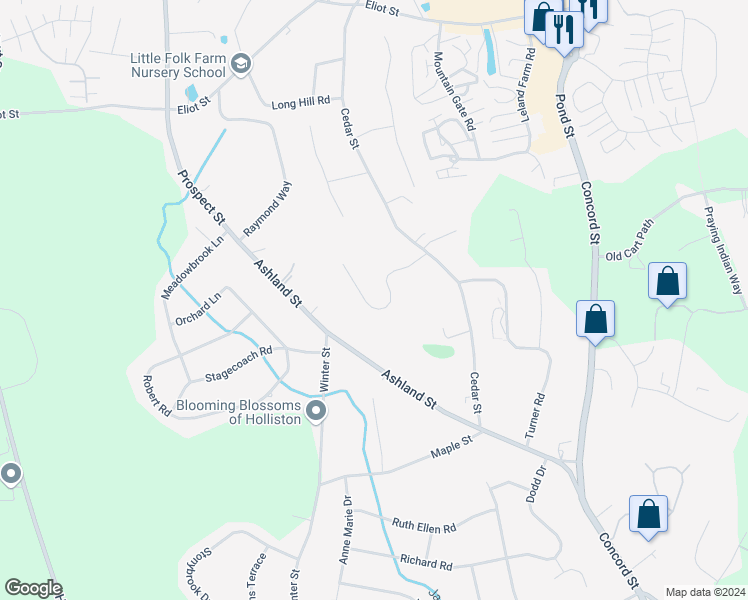 map of restaurants, bars, coffee shops, grocery stores, and more near 87 Cheryl Lane in Holliston