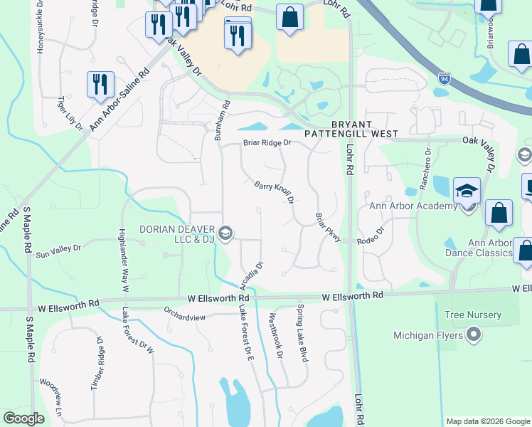 map of restaurants, bars, coffee shops, grocery stores, and more near 3741 Arcadia Drive in Ann Arbor