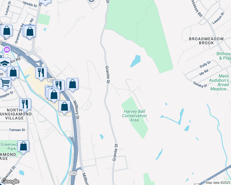 map of restaurants, bars, coffee shops, grocery stores, and more near 39 Dane Avenue in Worcester
