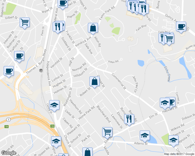 map of restaurants, bars, coffee shops, grocery stores, and more near 15 Conrad St in Braintree