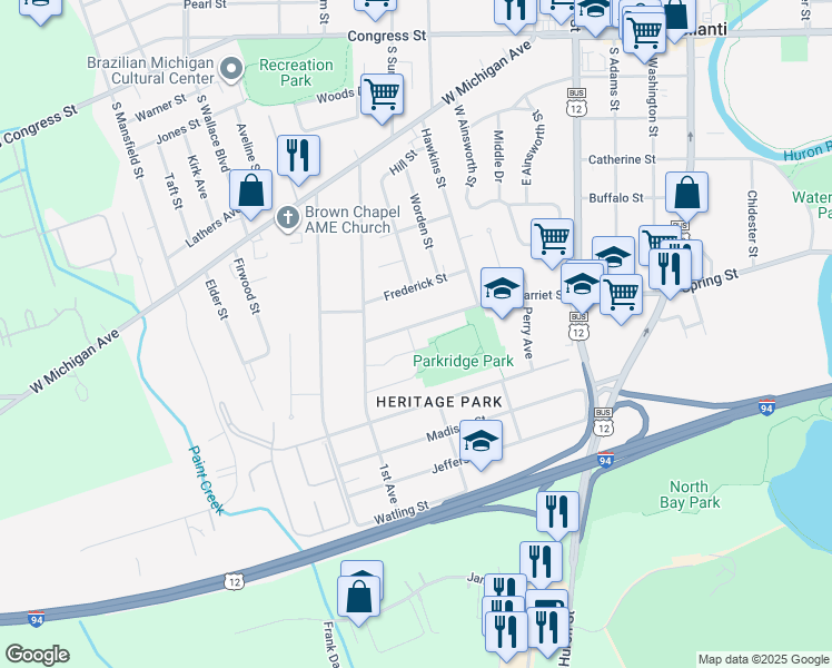 map of restaurants, bars, coffee shops, grocery stores, and more near 591 Armstrong Drive in Ypsilanti